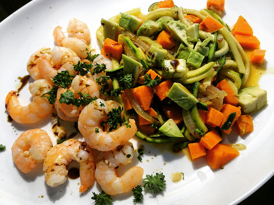 Gambas Zucchini Süßkartoffeln